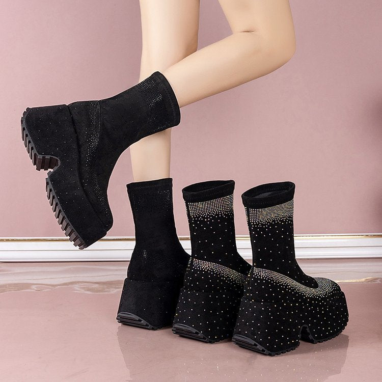 Rhinestone Thick-Sole Short Boots