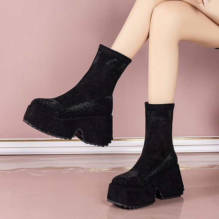 Rhinestone Thick-Sole Short Boots