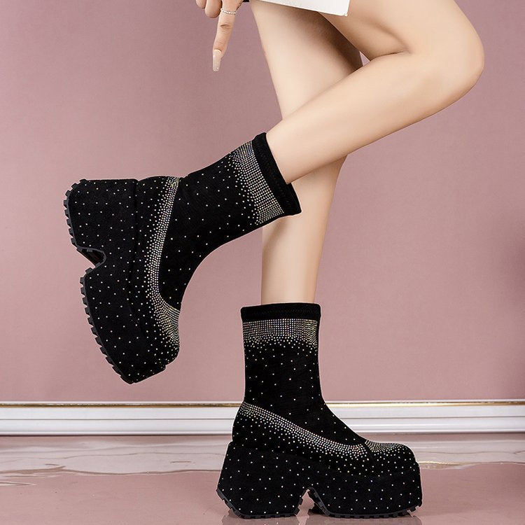 Rhinestone Thick-Sole Short Boots