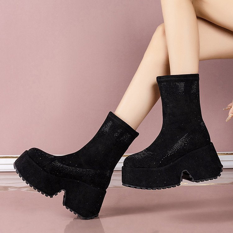 Rhinestone Thick-Sole Short Boots