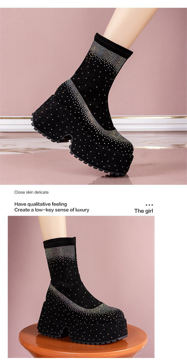 Rhinestone Thick-Sole Short Boots
