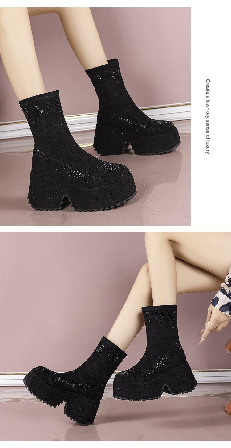 Rhinestone Thick-Sole Short Boots