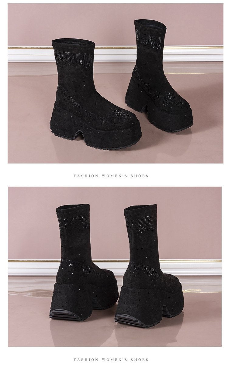 Rhinestone Thick-Sole Short Boots