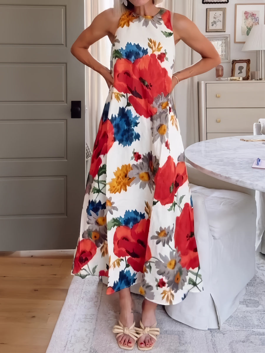 Sleeveless Bow Detail Printed Maxi Dress