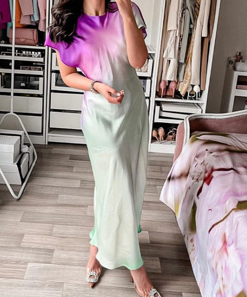 Tie-dye Purple-Green Gradient Midi Dress