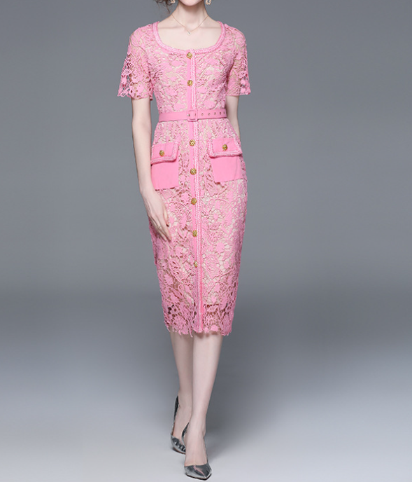 Pink Mesh Patchwork Midi Dress