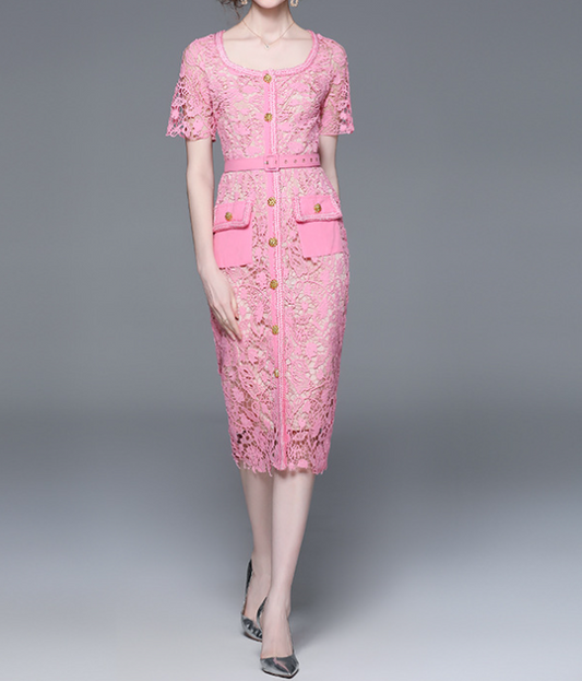 Pink Mesh Patchwork Midi Dress