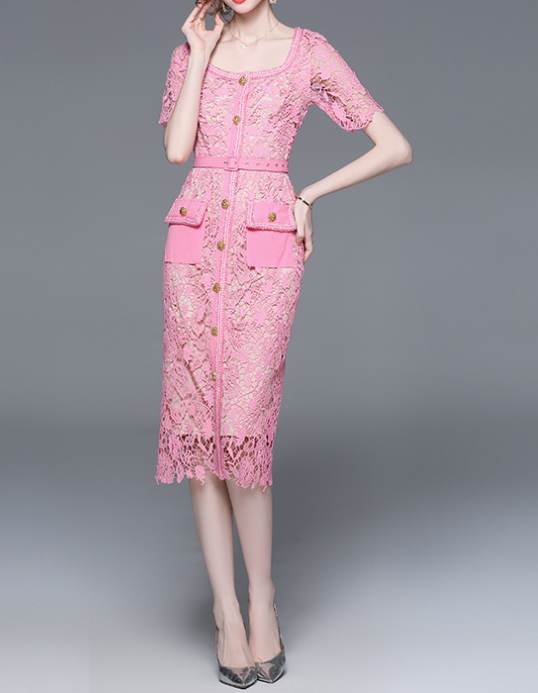 Pink Mesh Patchwork Midi Dress