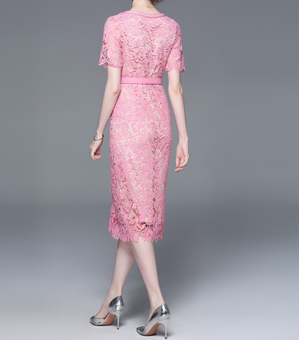 Pink Mesh Patchwork Midi Dress