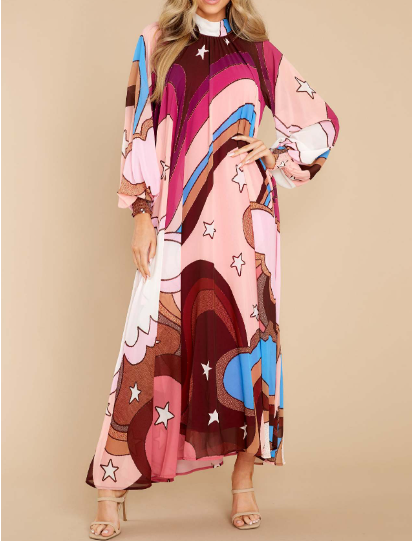 High-neck Lace-up Casual Maxi Dress