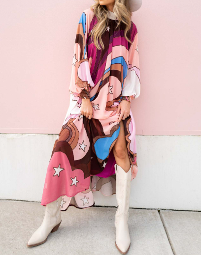 High-neck Lace-up Casual Maxi Dress