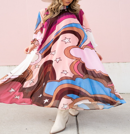 High-neck Lace-up Casual Maxi Dress