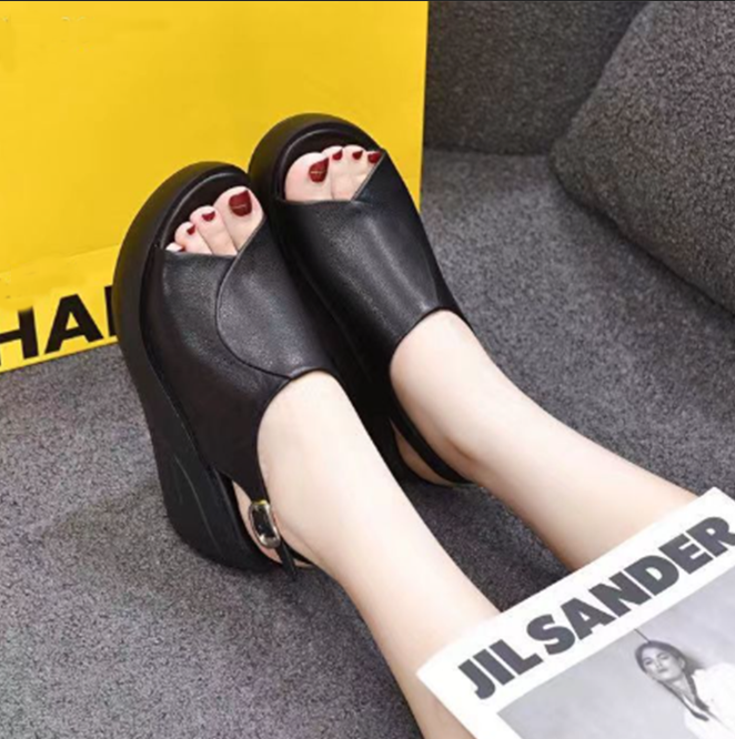 Fish Mouth Slope Heel Leather Clasp Sandals