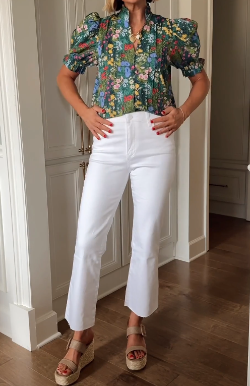 Green Spring Floral Puff Sleeve Top