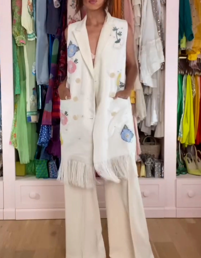 Embroidered Fringe Sleeveless Jacket