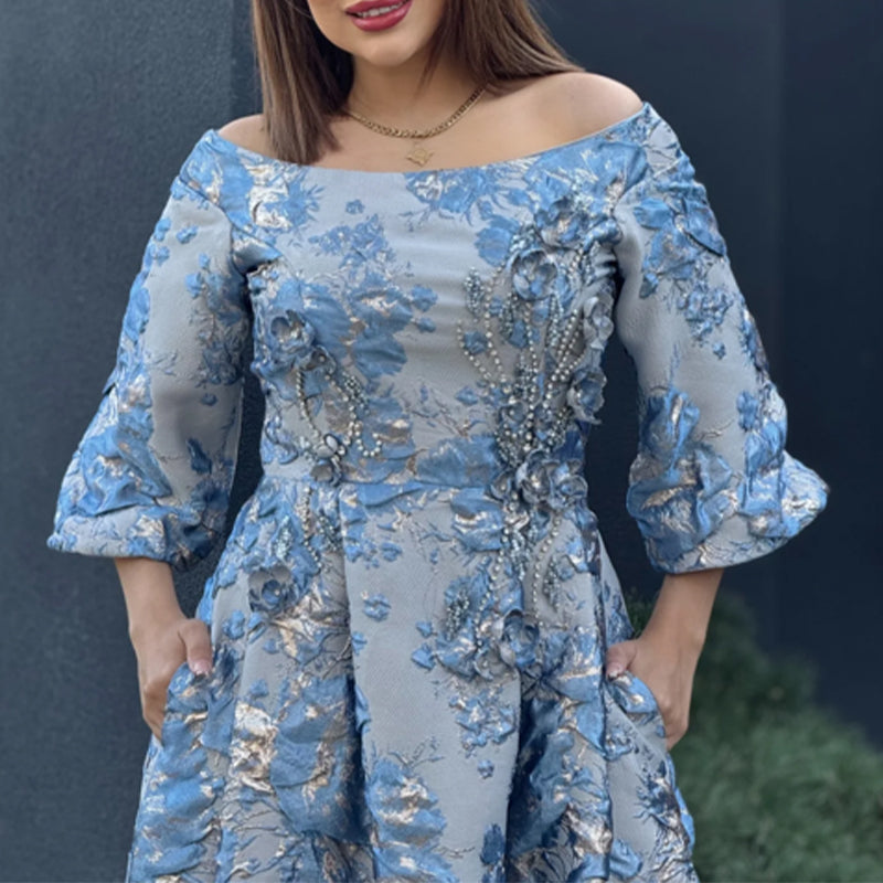 Blue Embroidered Strapless Dress