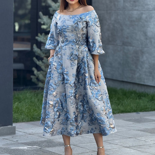 Blue Embroidered Strapless Dress