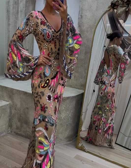 Elegant Sequin Bubble Sleeve Dress