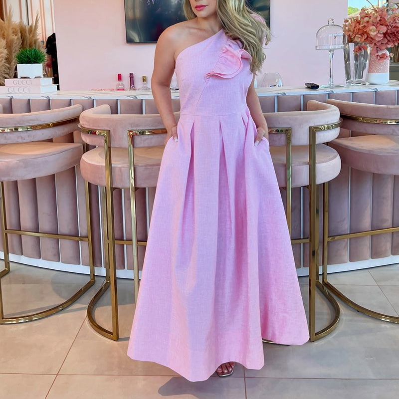 Pink Slant Shoulder Dress