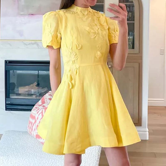 Yellow Embroidered Mini Dress