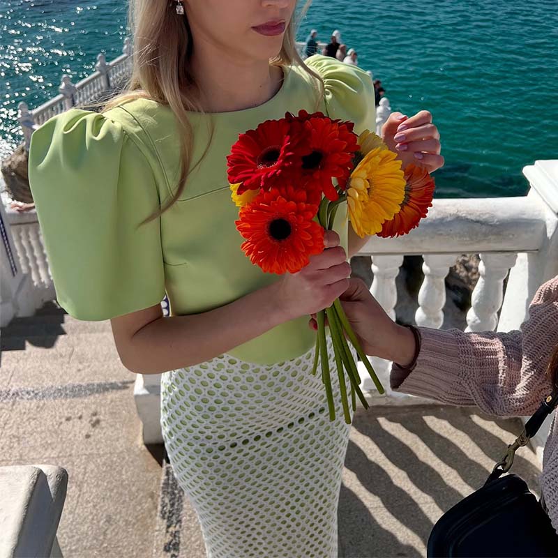 Green Bubble Sleeve Slim Dress