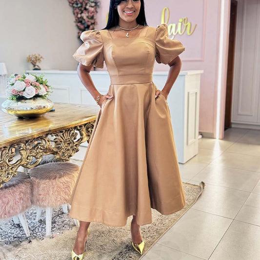 Khaki Bubble Sleeve Dress