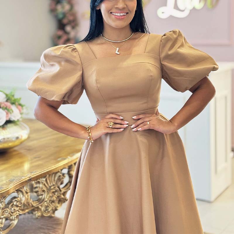 Khaki Bubble Sleeve Dress