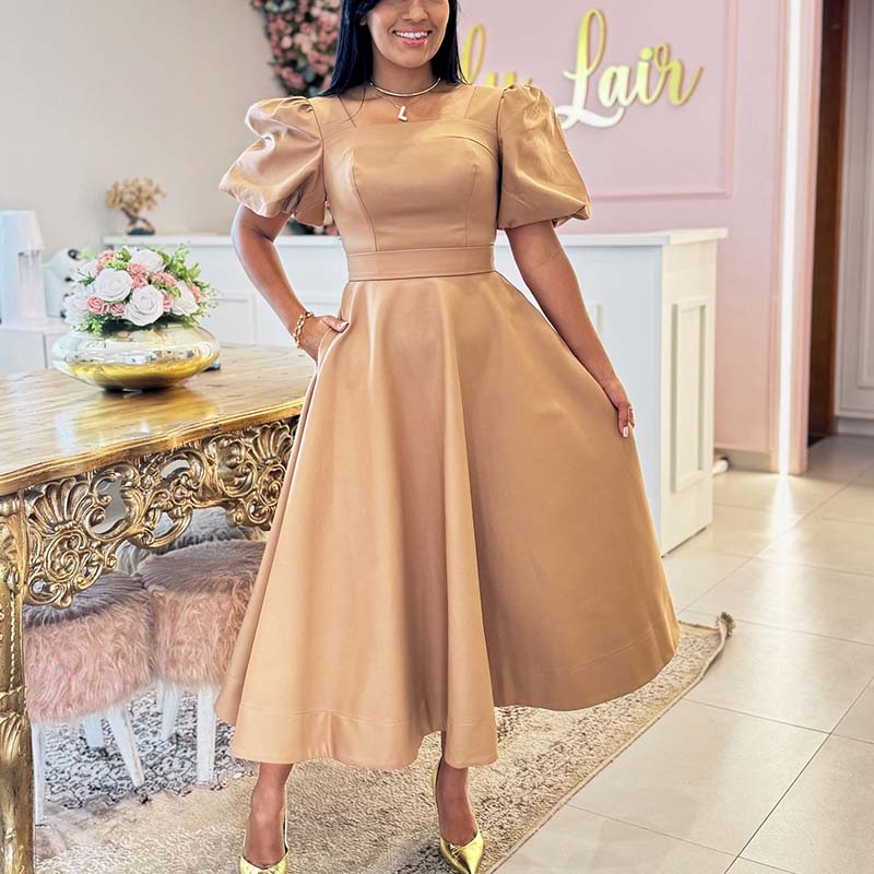 Khaki Bubble Sleeve Dress