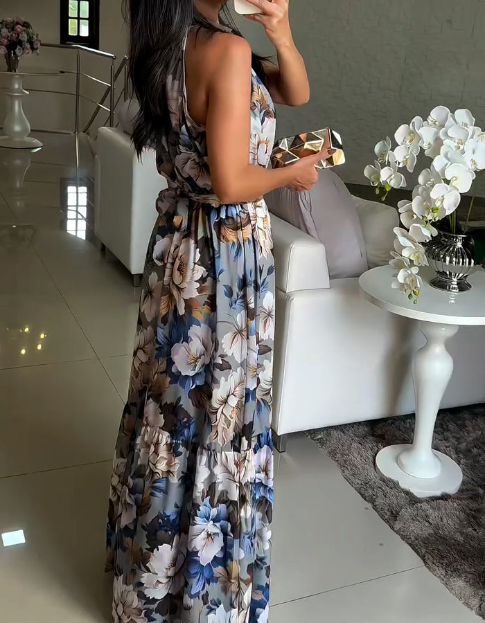 Mixed Color Sleeveless Halter Dress