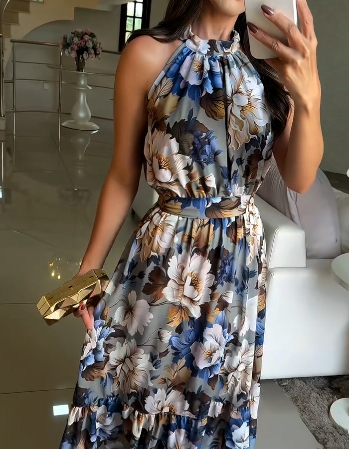 Mixed Color Sleeveless Halter Dress