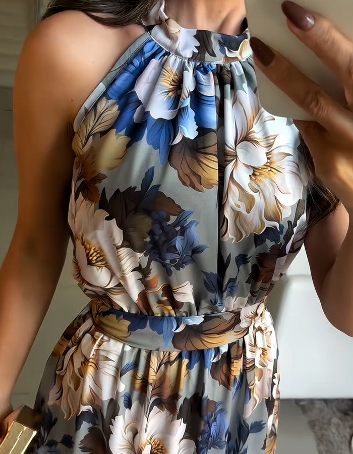 Mixed Color Sleeveless Halter Dress