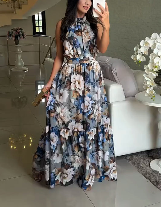 Mixed Color Sleeveless Halter Dress