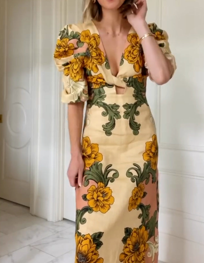 Floral Puff-Sleeves Dress
