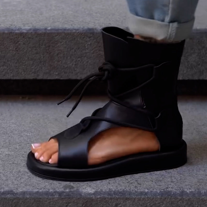 Black Leather Lace-Up Sandals