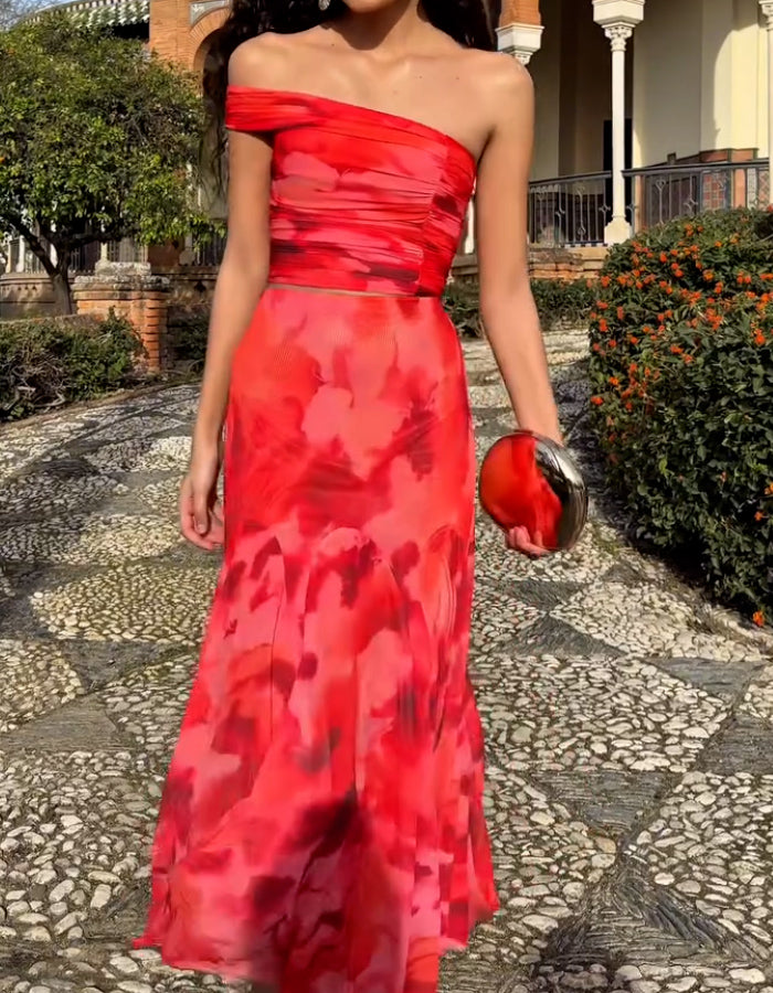 Red Printed One-Shoulder Dress