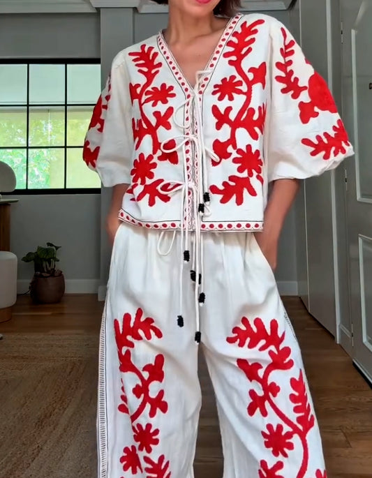 Red Embroidery Casual Suits