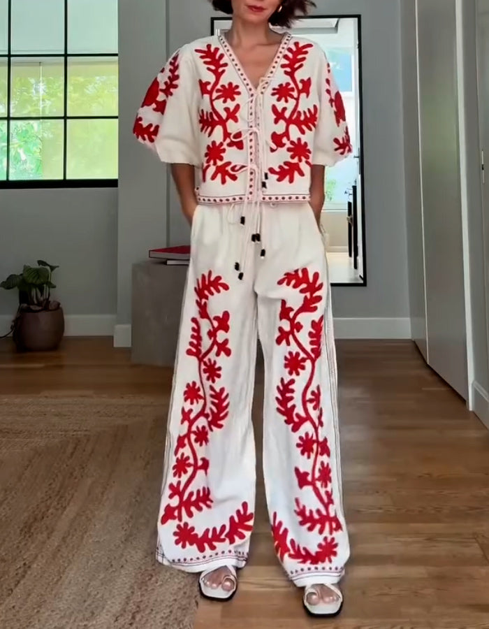 Red Embroidery Casual Suits