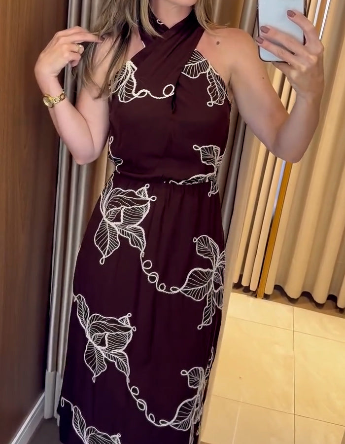 Embroidered Cross Halter Dress