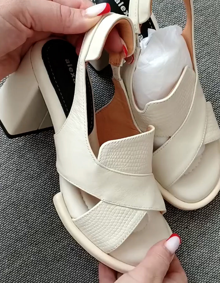 White Leather Thick-Heel Sandals