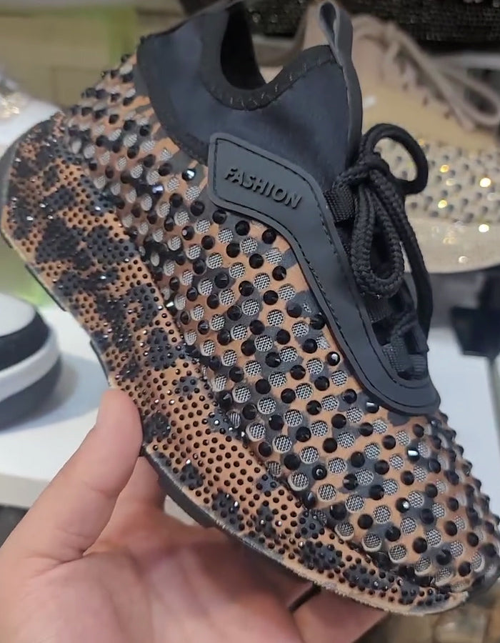 Rhinestone Lace-Up Versatile Sneakers