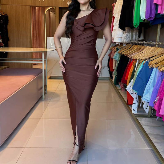Brown Ruffled Slim Dress