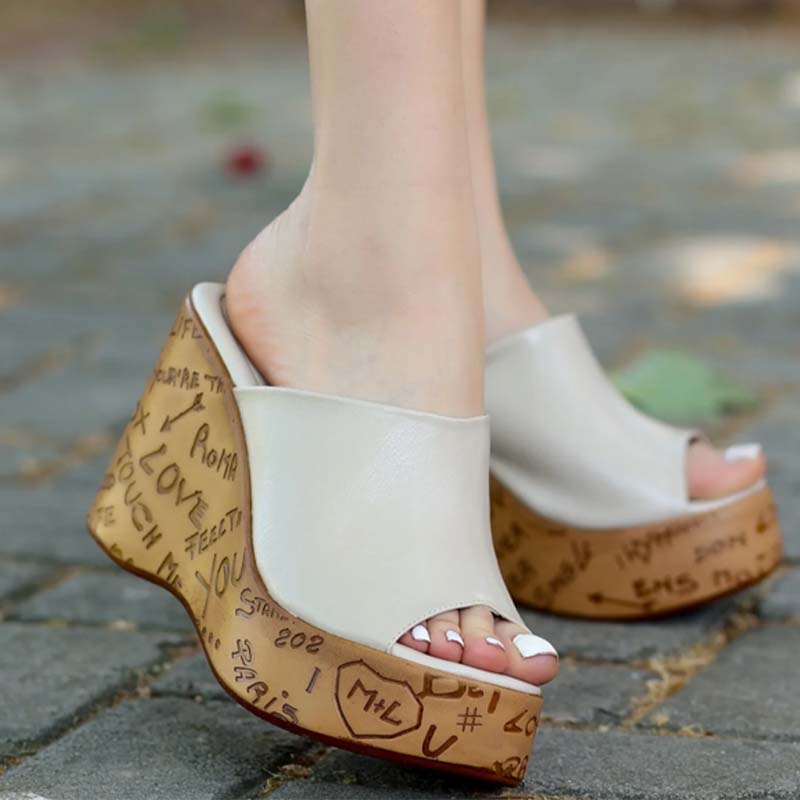 Wedge Leather Print Slippers