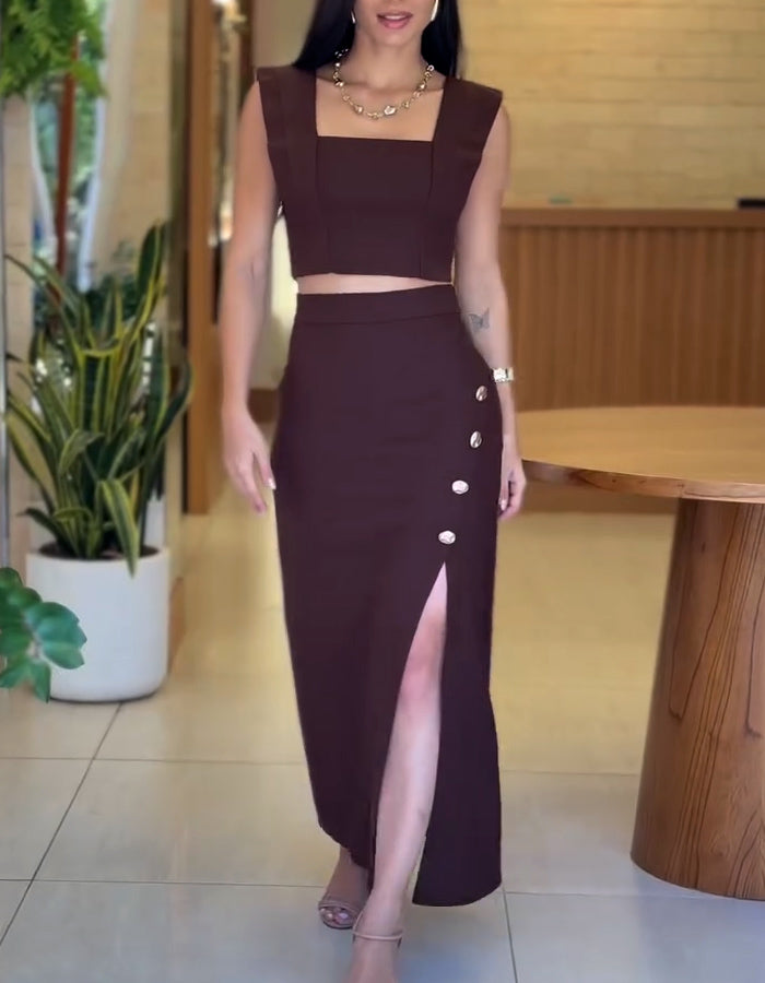 Brown Casual Two-Piece Dress