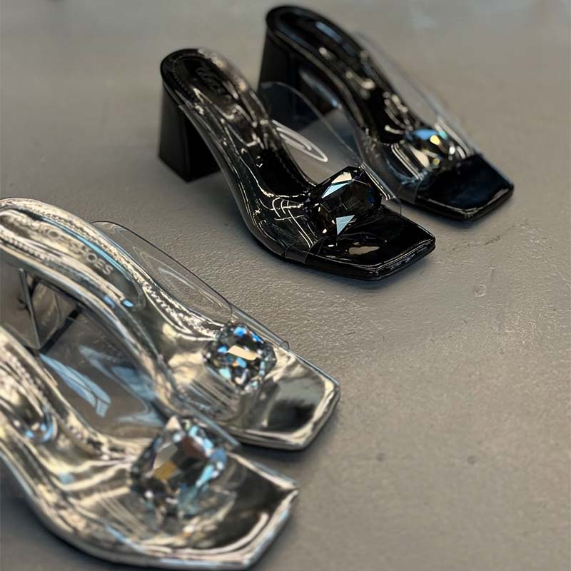 Crystal Thick-Heel Slippers