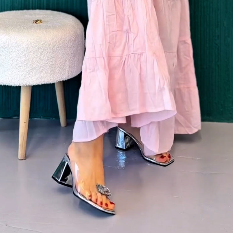Crystal Thick-Heel Slippers