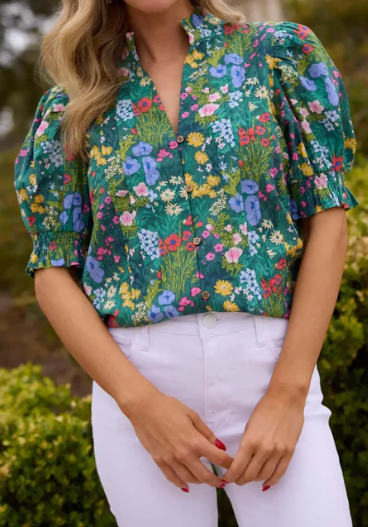 Green Spring Floral Puff Sleeve Top