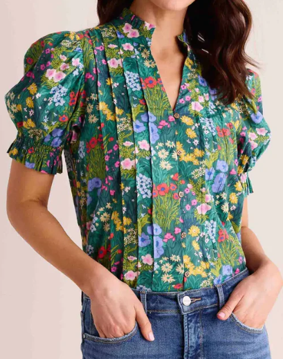 Green Spring Floral Puff Sleeve Top