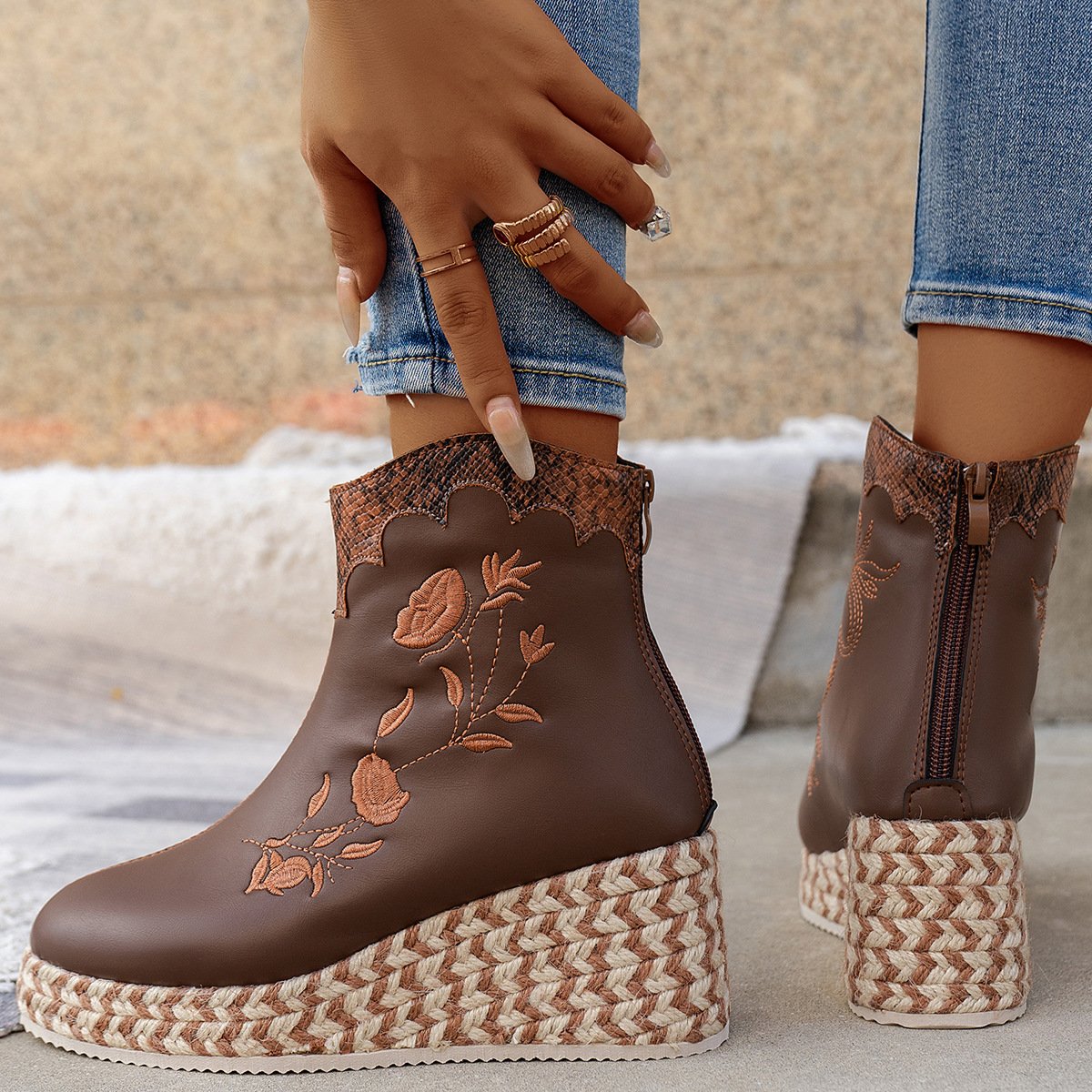 Wedges Embroidered Casual Retro Ankle Boots