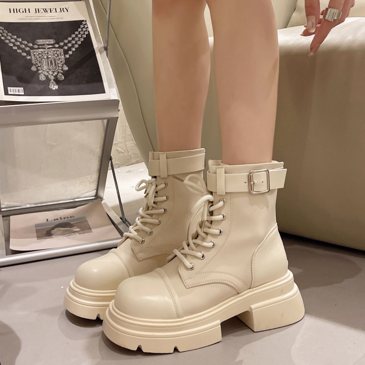 Solid Color Leather Belt Buckle Boots