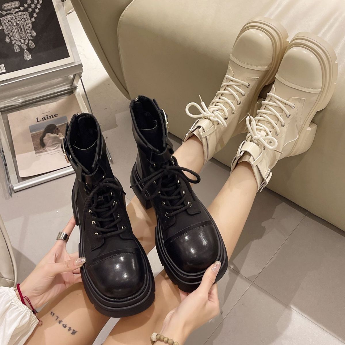 Solid Color Leather Belt Buckle Boots